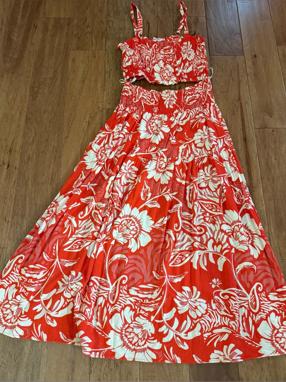 Women's Red Floral Maxi Dress with Smocked Bodice
